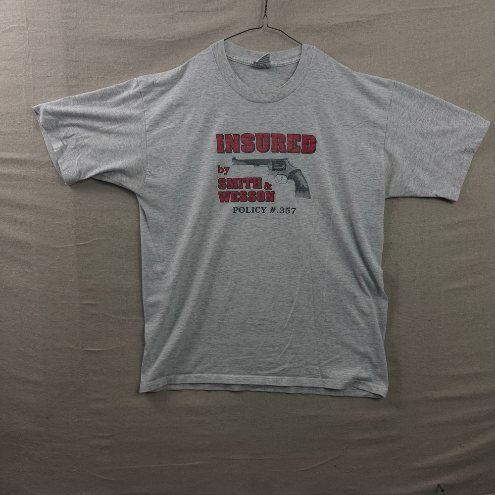 Smith & Wesson Single Stitch Graphic T-Shirt XL Gray Insured Policy .357 Vintage